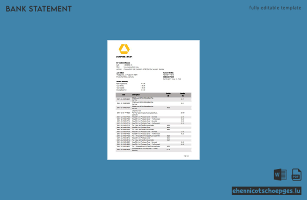Kontoauszug der Commerzbank Deutschland, Beispielansicht im Word- und PDF-Format